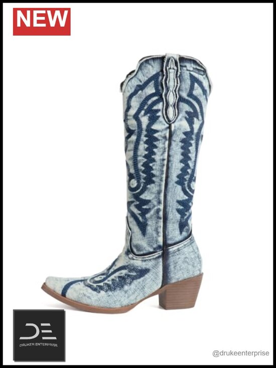 Shoes - Knee High Denim Embroidered Cowboy Boots Chunky Heel Pointed Toe Vintage